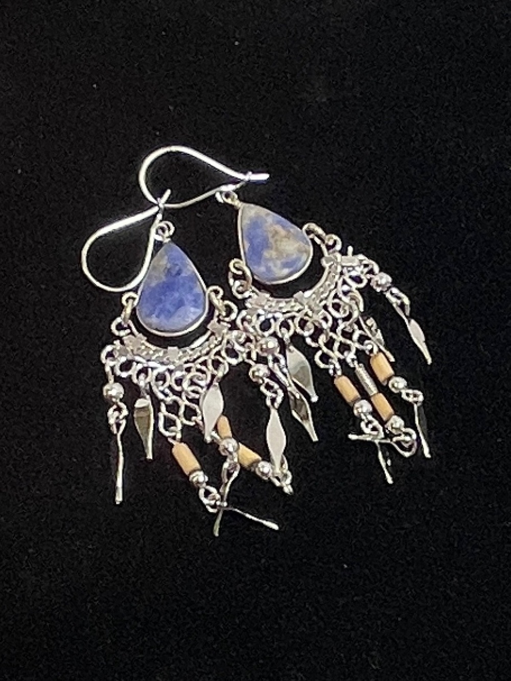 Vintage Native American Style Bamboo Bead W/blue Teardrop Shape Stone Earrings